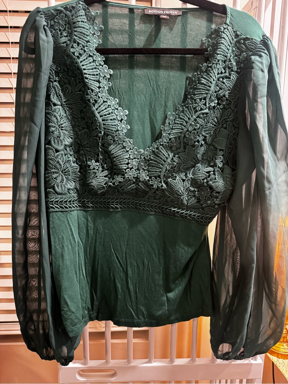 Scallop Lace Long Sleeve Top Deep Emerald | Boston Proper - Picture 6 of 7